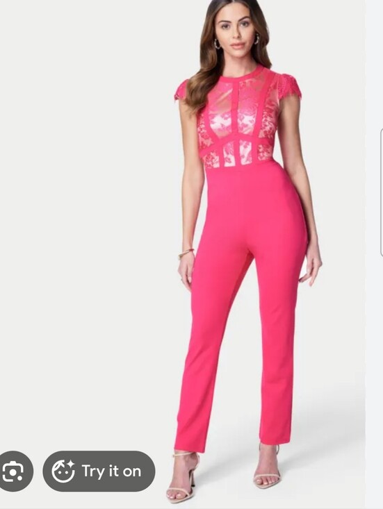 bebe Pants - bebe Hot Pink Lace-Panel Jumpsuit